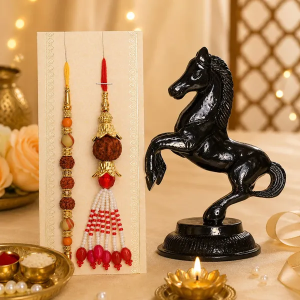 Chhariya_Crafts_Bhaiya_Bhabhi_Bhaiya_Bhabhi_Rakhi_Combo_Gift_Set_Assorted,_Gold,_Gold_Finish,_Jute,_Kundan,_Mauli_Thread,_Pearl,_Yarn_Rakhi,_Chawal_Roli_Pack,_Showpiece,_Lumba__Set_(1_Black_Horse_Statue,_1_Chawal_Roli_Pack,_1_Designer_Lumba,_1_Designer_Rakhi)