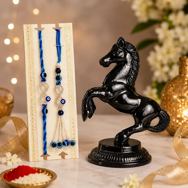 Chhariya_Crafts_Bhaiya_Bhabhi_Bhaiya_Bhabhi_Rakhi_Combo_Gift_Set_Assorted,_Gold,_Gold_Finish,_Jute,_Kundan,_Mauli_Thread,_Pearl,_Yarn_Rakhi,_Chawal_Roli_Pack,_Showpiece__Set_(1_Horse_Statue_Vastu,_1_Chawal_Roli_Pack,_1_Designer_Lumba,_1_Designer_Rakhi)