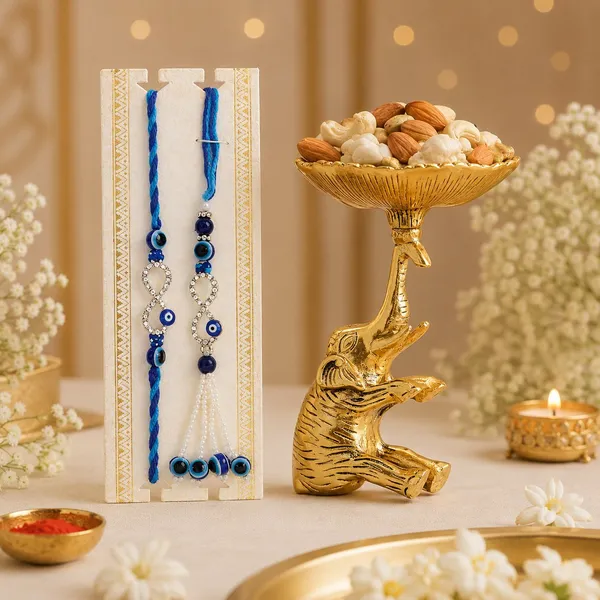 Chhariya_Crafts_Bhaiya_Bhabhi_Bhaiya_Bhabhi_Rakhi_Combo_Gift_Set_Assorted,_Gold,_Gold_Finish,_Jute,_Kundan,_Mauli_Thread,_Pearl,_Yarn_Rakhi,_Chawal_Roli_Pack,_Showpiece__Set_(1_Elephant_Bowl,_1_Chawal_Roli_Pack,_1_Designer_Lumba,_1_Designer_Rakhi)