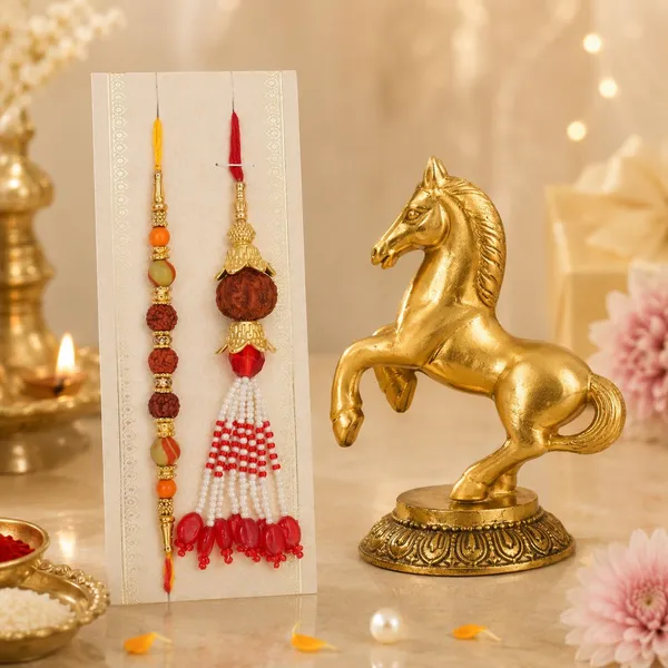 Chhariya_Crafts_Bhaiya_Bhabhi_Bhaiya_Bhabhi_Rakhi_Combo_Gift_Set_Assorted,_Gold,_Gold_Finish,_Jute,_Kundan,_Mauli_Thread,_Pearl,_Yarn_Rakhi,_Chawal_Roli_Pack,_Showpiece,_Lumba__Set_(1_Horse_Showpieces,_1_Chawal_Roli_Pack,_1_Designer_Lumba,_1_Designer_Rakhi)