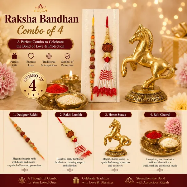 Chhariya_Crafts_Bhaiya_Bhabhi_Bhaiya_Bhabhi_Rakhi_Combo_Gift_Set_Assorted,_Gold,_Gold_Finish,_Jute,_Kundan,_Mauli_Thread,_Pearl,_Yarn_Rakhi,_Chawal_Roli_Pack,_Showpiece,_Lumba__Set_(1_Horse_Showpieces,_1_Chawal_Roli_Pack,_1_Designer_Lumba,_1_Designer_Rakhi)