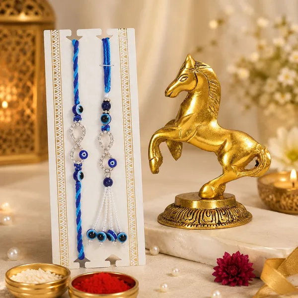 Chhariya_Crafts_Bhaiya_Bhabhi_Bhaiya_Bhabhi_Rakhi_Combo_Gift_Set_Assorted,_Gold,_Gold_Finish,_Jute,_Kundan,_Mauli_Thread,_Pearl,_Yarn_Rakhi,_Chawal_Roli_Pack,_Showpiece,_Lumba__Set_(1_Vatu_Horse_Statue,_1_Chawal_Roli_Pack,_1_Designer_Lumba,_1_Designer_Rakhi)