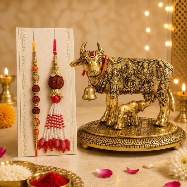 Chhariya_Crafts_Bhaiya_Bhabhi_Bhaiya_Bhabhi_Rakhi_Combo_Gift_Set_Assorted,_Gold,_Gold_Finish,_Jute,_Kundan,_Mauli_Thread,_Pearl,_Yarn_Rakhi,_Chawal_Roli_Pack,_Showpiece__Set_(1_Cow_Calf_Statue,_1_Chawal_Roli_Pack,_1_Designer_Lumba,_1_Designer_Rakhi)