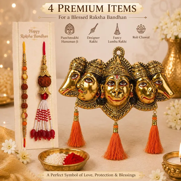 Chhariya_Crafts_Bhaiya_Bhabhi_Bhaiya_Bhabhi_Rakhi_Combo_Gift_Set_Assorted,_Gold,_Gold_Finish,_Jute,_Kundan,_Mauli_Thread,_Pearl,_Yarn_Rakhi,_Chawal_Roli_Pack,_Showpiece__Set_(1_Panchmukhi_Hanuman,_1_Chawal_Roli_Pack,_1_Designer_Lumba,_1_Designer_Rakhi)