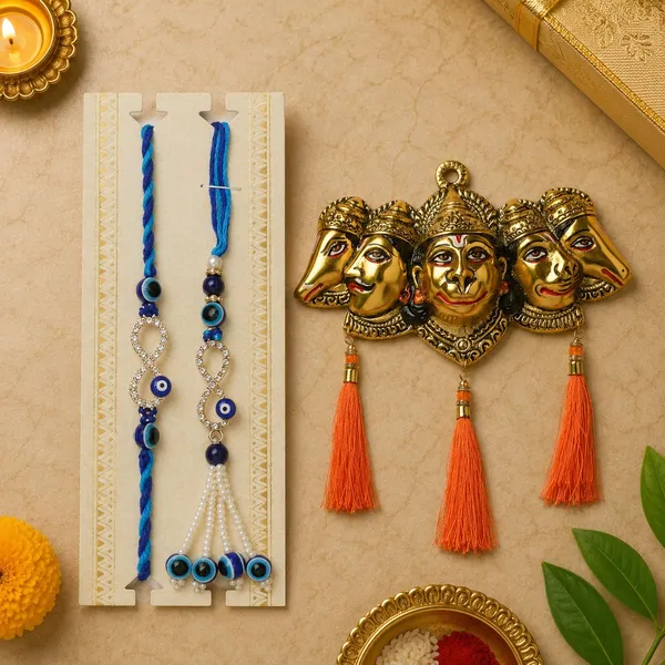 Chhariya_Crafts_Bhaiya_Bhabhi_Bhaiya_Bhabhi_Rakhi_Combo_Gift_Set_Assorted,_Gold,_Gold_Finish,_Jute,_Kundan,_Mauli_Thread,_Pearl,_Yarn_Rakhi,_Chawal_Roli_Pack,_Showpiece__Set_(1_Hanuman_Ji_Wall_Decor,_1_Chawal_Roli_Pack,_1_Designer_Lumba,_1_Designer_Rakhi)