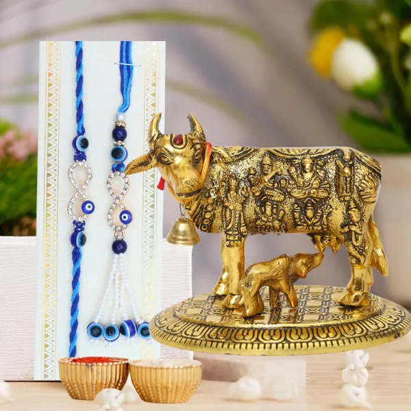 Chhariya_Crafts_Bhaiya_Bhabhi_Bhaiya_Bhabhi_Rakhi_Combo_Gift_Set_Assorted,_Gold,_Gold_Finish,_Jute,_Kundan,_Mauli_Thread,_Pearl,_Yarn_Rakhi,_Chawal_Roli_Pack,_Showpiece__Set_(1_Cow_And_Calf_Statue,_1_Chawal_Roli_Pack,_1_Designer_Lumba,_1_Designer_Rakhi)