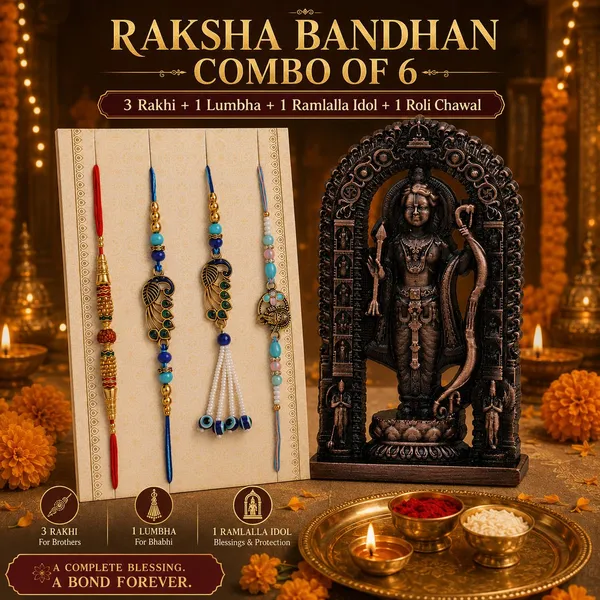 Chhariya_Crafts_Bhaiya_Bhabhi_Rakhi_Combo_Gift_Set_1_RamLalla_Idol,_Chawal_Roli_Pack,_1_Lumba,_3_Rakhi_Assorted,_Gold_Finish,_Kundan,_Pearl,_Plastic_(PVC),_Mauli_Thread_Rakhi,_Chawal_Roli_Pack,_Showpiece__Set_(1_Metal_RamLalla_Idol,_Chawal_Roli_Pack,_1_Designer_Lumba,_3_Rakhi)