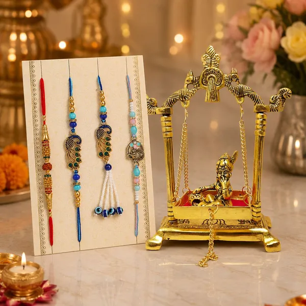 Chhariya_Crafts_Bhaiya_Bhabhi_Bhaiya_Bhabhi_Rakhi_Combo_Gift_Set_Assorted,_Gold_Finish,_Jute,_Pearl,_Plastic_(PVC),_Zardosi_Rakhi,_Showpiece,_Lumba,_Chawal_Roli_Pack__Set_(1_Metal_Laduugopal_Showpieces,_1_Chawal_Roli_Pack,_1_Designer_Lumba,_3_Designer_Rakhi)