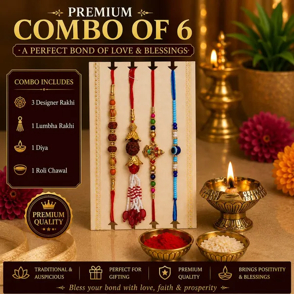 Chhariya_Crafts_Bhaiya_Bhabhi_Bhaiya_Bhabhi_Rakhi_Combo_Gift_Set_Assorted,_Gold_Finish,_Jute,_Pearl,_Plastic_(PVC),_Zardosi_Rakhi,_Showpiece,_Lumba,_Chawal_Roli_Pack__Set_(1_Metal_Diya,_1_Chawal_Roli_Pack,_1_Designer_Lumba,_3_Designer_Rakhi)
