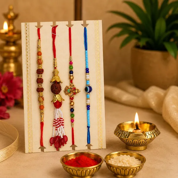 Chhariya_Crafts_Bhaiya_Bhabhi_Bhaiya_Bhabhi_Rakhi_Combo_Gift_Set_Assorted,_Gold_Finish,_Jute,_Pearl,_Plastic_(PVC),_Zardosi_Rakhi,_Showpiece,_Lumba,_Chawal_Roli_Pack__Set_(1_Metal_Diya,_1_Chawal_Roli_Pack,_1_Designer_Lumba,_3_Designer_Rakhi)