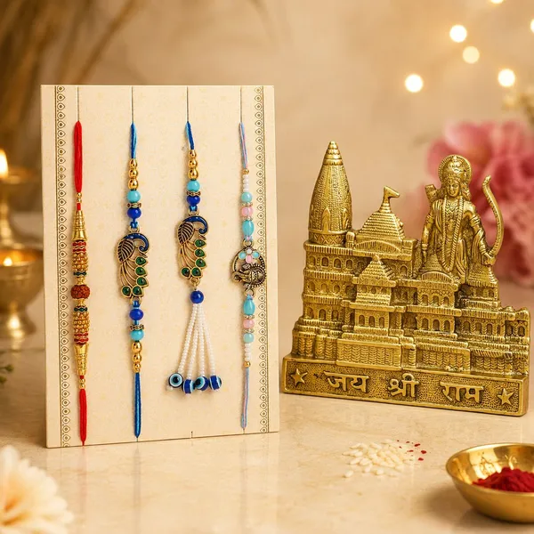 Chhariya_Crafts_Bhaiya_Bhabhi_Bhaiya_Bhabhi_Rakhi_Combo_Gift_Set_Assorted,_Gold_Finish,_Jute,_Pearl,_Plastic_(PVC),_Zardosi_Rakhi,_Showpiece,_Lumba,_Chawal_Roli_Pack__Set_(1_Metal_Rammandir_Showpieces,_1_Chawal_Roli_Pack,_1_Designer_Lumba,_3_Designer_Rakhi)