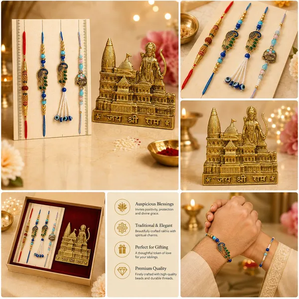 Chhariya_Crafts_Bhaiya_Bhabhi_Bhaiya_Bhabhi_Rakhi_Combo_Gift_Set_Assorted,_Gold_Finish,_Jute,_Pearl,_Plastic_(PVC),_Zardosi_Rakhi,_Showpiece,_Lumba,_Chawal_Roli_Pack__Set_(1_Metal_Rammandir_Showpieces,_1_Chawal_Roli_Pack,_1_Designer_Lumba,_3_Designer_Rakhi)