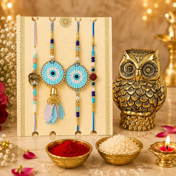 Chhariya_Crafts_Bhaiya_Bhabhi_Bhaiya_Bhabhi_Rakhi_Combo_Gift_Set_Assorted,_Gold_Finish,_Jute,_Pearl,_Plastic_(PVC),_Zardosi_Rakhi,_Showpiece,_Lumba,_Chawal_Roli_Pack__Set_(1_Metal_Owl_Showpieces,_1_Chawal_Roli_Pack,_1_Designer_Lumba,_3_Designer_Rakhi)