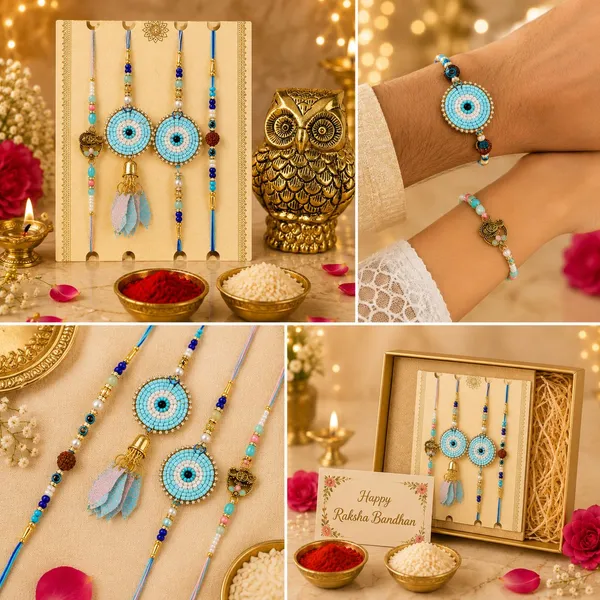 Chhariya_Crafts_Bhaiya_Bhabhi_Bhaiya_Bhabhi_Rakhi_Combo_Gift_Set_Assorted,_Gold_Finish,_Jute,_Pearl,_Plastic_(PVC),_Zardosi_Rakhi,_Showpiece,_Lumba,_Chawal_Roli_Pack__Set_(1_Metal_Owl_Showpieces,_1_Chawal_Roli_Pack,_1_Designer_Lumba,_3_Designer_Rakhi)