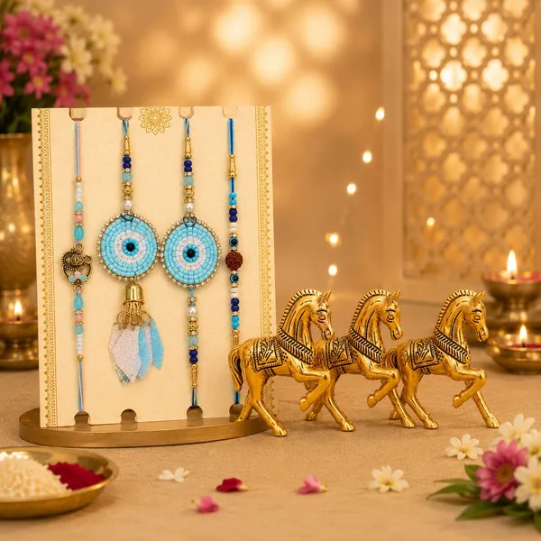 Chhariya_Crafts_Bhaiya_Bhabhi_Bhaiya_Bhabhi_Rakhi_Combo_Gift_Set_Assorted,_Gold_Finish,_Jute,_Pearl,_Plastic_(PVC),_Zardosi_Rakhi,_Showpiece,_Lumba,_Chawal_Roli_Pack__Set_(3_Metal_Horse_Showpieces,_1_Chawal_Roli_Pack,_1_Designer_Lumba,_3_Designer_Rakhi)