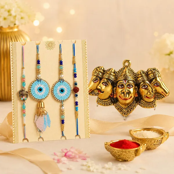 Chhariya_Crafts_Bhaiya_Bhabhi_Bhaiya_Bhabhi_Rakhi_Combo_Gift_Set_Assorted,_Gold_Finish,_Jute,_Pearl,_Plastic_(PVC),_Zardosi_Rakhi,_Showpiece,_Lumba,_Chawal_Roli_Pack__Set_(1_Metal_Hanuman_Showpieces,_1_Chawal_Roli_Pack,_1_Designer_Lumba,_3_Designer_Rakhi)