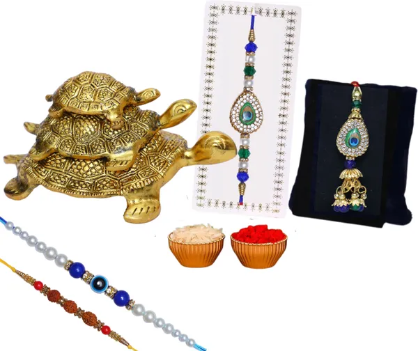 Chhariya_Crafts_Bhaiya_Bhabhi_Bhaiya_Bhabhi_Rakhi_Combo_Gift_Set_Assorted,_Gold_Finish,_Jute,_Pearl,_Plastic_(PVC),_Zardosi_Rakhi,_Showpiece,_Lumba,_Chawal_Roli_Pack__Set_(3_Metal_Tortoise_Showpieces,_1_Chawal_Roli_Pack,_1_Designer_Lumba,_3_Designer_Rakhi)