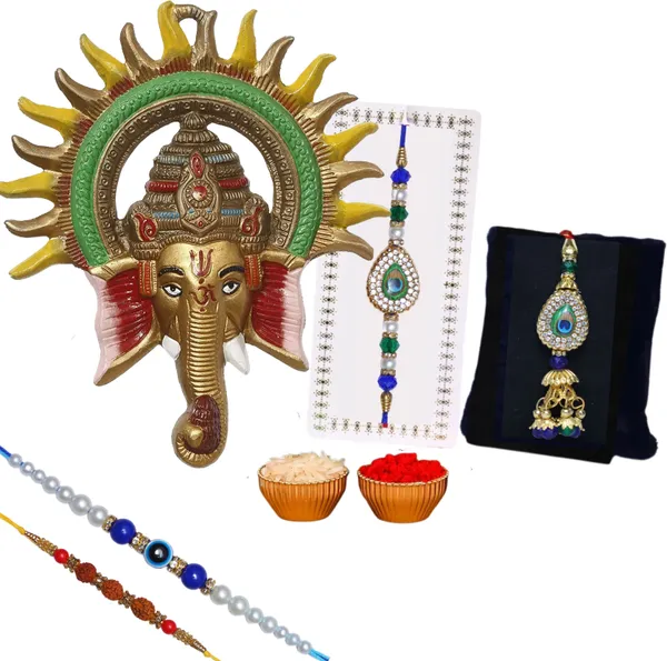 Chhariya_Crafts_Bhaiya_Bhabhi_Bhaiya_Bhabhi_Rakhi_Combo_Gift_Set_Assorted,_Gold_Finish,_Jute,_Pearl,_Plastic_(PVC),_Zardosi_Rakhi,_Showpiece,_Lumba,_Chawal_Roli_Pack__Set_(1_Metal_Ganesh_Showpieces,_1_Chawal_Roli_Pack,_1_Designer_Lumba,_3_Designer_Rakhi)