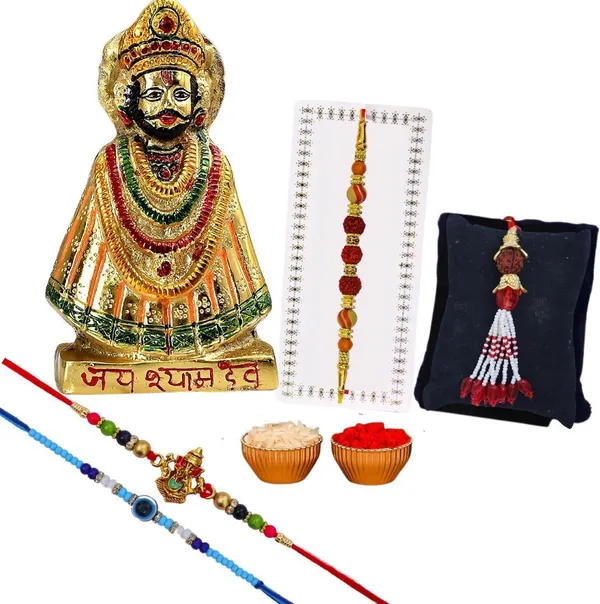 Chhariya_Crafts_Bhaiya_Bhabhi_Bhaiya_Bhabhi_Rakhi_Combo_Gift_Set_Assorted,_Gold_Finish,_Jute,_Pearl,_Plastic_(PVC),_Zardosi_Rakhi,_Showpiece,_Lumba,_Chawal_Roli_Pack__Set_(1_Metal_Khatushyam_Showpieces,_1_Chawal_Roli_Pack,_1_Designer_Lumba,_3_Designer_Rakhi)