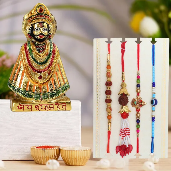 Chhariya_Crafts_Bhaiya_Bhabhi_Bhaiya_Bhabhi_Rakhi_Combo_Gift_Set_Assorted,_Gold_Finish,_Jute,_Pearl,_Plastic_(PVC),_Zardosi_Rakhi,_Showpiece,_Lumba,_Chawal_Roli_Pack__Set_(1_Metal_Khatushyam_Showpieces,_1_Chawal_Roli_Pack,_1_Designer_Lumba,_3_Designer_Rakhi)