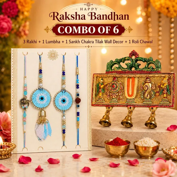 Chhariya_Crafts_Bhaiya_Bhabhi_Bhaiya_Bhabhi_Rakhi_Combo_Gift_Set_Assorted,_Gold_Finish,_Jute,_Pearl,_Plastic_(PVC),_Zardosi_Rakhi,_Showpiece,_Lumba,_Chawal_Roli_Pack__Set_(1_Metal_Tirupati_Showpieces,_1_Chawal_Roli_Pack,_1_Designer_Lumba,_3_Designer_Rakhi)