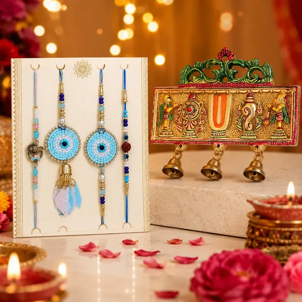 Chhariya_Crafts_Bhaiya_Bhabhi_Bhaiya_Bhabhi_Rakhi_Combo_Gift_Set_Assorted,_Gold_Finish,_Jute,_Pearl,_Plastic_(PVC),_Zardosi_Rakhi,_Showpiece,_Lumba,_Chawal_Roli_Pack__Set_(1_Metal_Tirupati_Showpieces,_1_Chawal_Roli_Pack,_1_Designer_Lumba,_3_Designer_Rakhi)