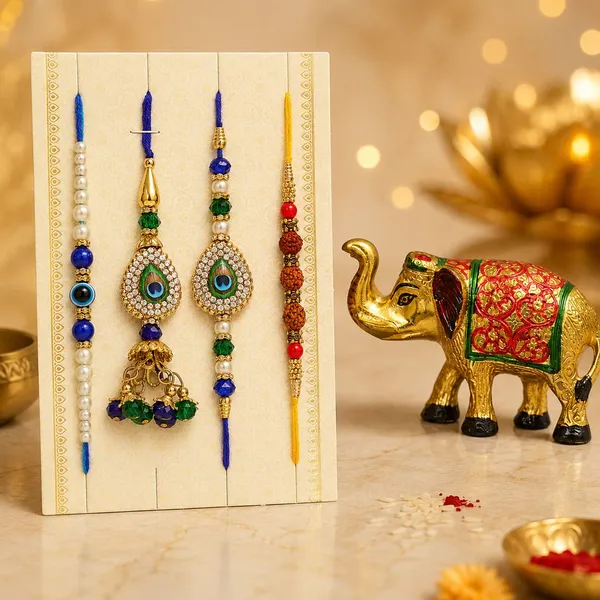 Chhariya_Crafts_Bhaiya_Bhabhi_Bhaiya_Bhabhi_Rakhi_Combo_Gift_Set_Assorted,_Gold_Finish,_Jute,_Pearl,_Plastic_(PVC),_Zardosi_Rakhi,_Showpiece,_Lumba,_Chawal_Roli_Pack__Set_(1_Metal_Elephant_Showpieces,_1_Chawal_Roli_Pack,_1_Designer_Lumba,_3_Designer_Rakhi)