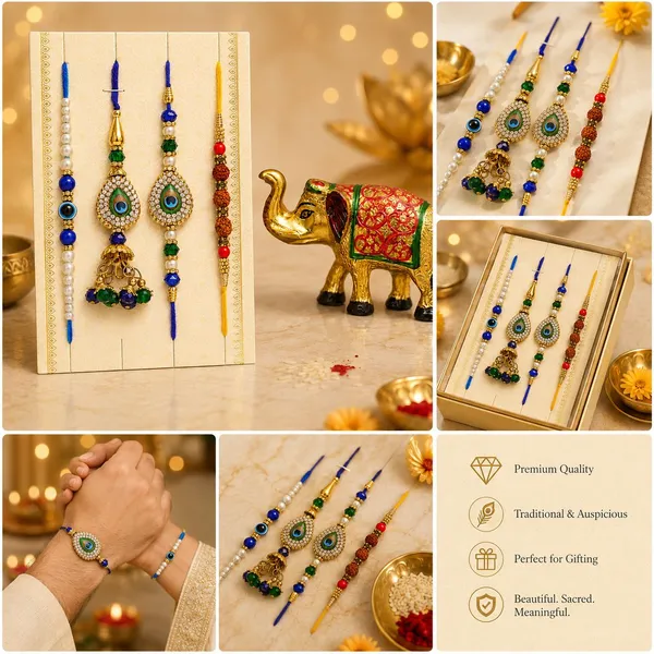 Chhariya_Crafts_Bhaiya_Bhabhi_Bhaiya_Bhabhi_Rakhi_Combo_Gift_Set_Assorted,_Gold_Finish,_Jute,_Pearl,_Plastic_(PVC),_Zardosi_Rakhi,_Showpiece,_Lumba,_Chawal_Roli_Pack__Set_(1_Metal_Elephant_Showpieces,_1_Chawal_Roli_Pack,_1_Designer_Lumba,_3_Designer_Rakhi)