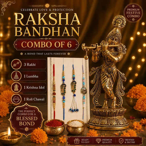 Chhariya_Crafts_Bhaiya_Bhabhi_Bhaiya_Bhabhi_Rakhi_Combo_Gift_Set_Assorted,_Gold_Finish,_Jute,_Pearl,_Plastic_(PVC),_Zardosi_Rakhi,_Showpiece,_Lumba,_Chawal_Roli_Pack__Set_(1_Metal_Krishna_Showpieces,_1_Chawal_Roli_Pack,_1_Designer_Lumba,_3_Designer_Rakhi)