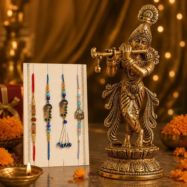 Chhariya_Crafts_Bhaiya_Bhabhi_Bhaiya_Bhabhi_Rakhi_Combo_Gift_Set_Assorted,_Gold_Finish,_Jute,_Pearl,_Plastic_(PVC),_Zardosi_Rakhi,_Showpiece,_Lumba,_Chawal_Roli_Pack__Set_(1_Metal_Krishna_Showpieces,_1_Chawal_Roli_Pack,_1_Designer_Lumba,_3_Designer_Rakhi)