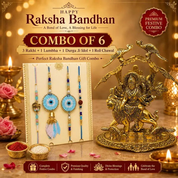 Chhariya_Crafts_Bhaiya_Bhabhi_Bhaiya_Bhabhi_Rakhi_Combo_Gift_Set_Assorted,_Gold_Finish,_Jute,_Pearl,_Plastic_(PVC),_Zardosi_Rakhi,_Showpiece,_Lumba,_Chawal_Roli_Pack__Set_(1_Metal_Durga_Showpieces,_1_Chawal_Roli_Pack,_1_Designer_Lumba,_3_Designer_Rakhi)