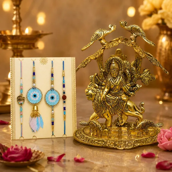 Chhariya_Crafts_Bhaiya_Bhabhi_Bhaiya_Bhabhi_Rakhi_Combo_Gift_Set_Assorted,_Gold_Finish,_Jute,_Pearl,_Plastic_(PVC),_Zardosi_Rakhi,_Showpiece,_Lumba,_Chawal_Roli_Pack__Set_(1_Metal_Durga_Showpieces,_1_Chawal_Roli_Pack,_1_Designer_Lumba,_3_Designer_Rakhi)