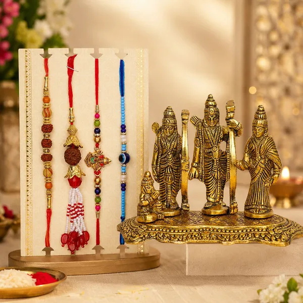 Chhariya_Crafts_Bhaiya_Bhabhi_Bhaiya_Bhabhi_Rakhi_Combo_Gift_Set_Assorted,_Gold_Finish,_Jute,_Pearl,_Plastic_(PVC),_Zardosi_Rakhi,_Showpiece,_Lumba,_Chawal_Roli_Pack__Set_(1_Metal_Ramdarbar_Showpieces,_1_Chawal_Roli_Pack,_1_Designer_Lumba,_3_Designer_Rakhi)