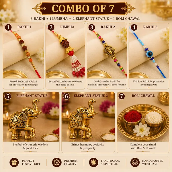 Chhariya_Crafts_Bhaiya_Bhabhi_Bhaiya_Bhabhi_Rakhi_Combo_Gift_Set_Assorted,_Gold_Finish,_Jute,_Pearl,_Plastic_(PVC),_Zardosi_Rakhi,_Showpiece,_Lumba,_Chawal_Roli_Pack__Set_(2_Metal_Elephant_Showpieces,_1_Chawal_Roli_Pack,_1_Designer_Lumba,_3_Designer_Rakhi)