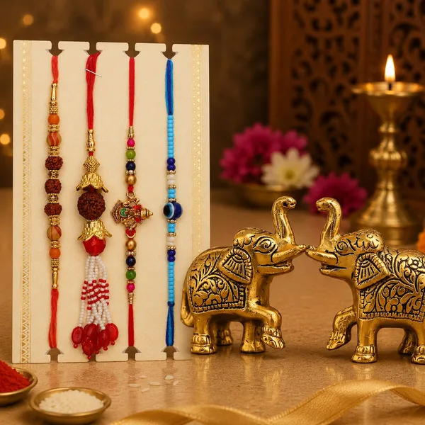 Chhariya_Crafts_Bhaiya_Bhabhi_Bhaiya_Bhabhi_Rakhi_Combo_Gift_Set_Assorted,_Gold_Finish,_Jute,_Pearl,_Plastic_(PVC),_Zardosi_Rakhi,_Showpiece,_Lumba,_Chawal_Roli_Pack__Set_(2_Metal_Elephant_Showpieces,_1_Chawal_Roli_Pack,_1_Designer_Lumba,_3_Designer_Rakhi)