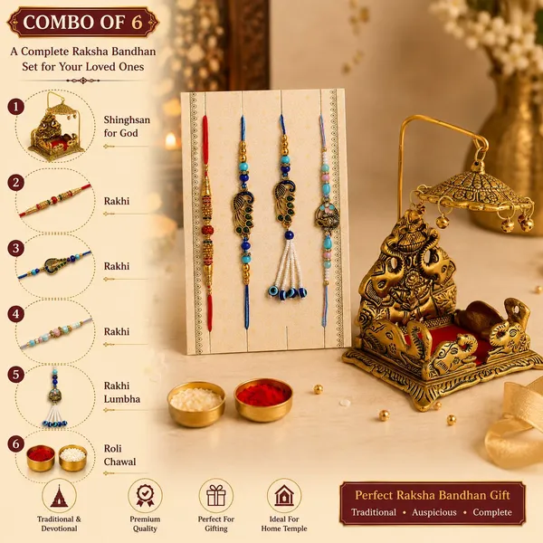 Chhariya_Crafts_Bhaiya_Bhabhi_Bhaiya_Bhabhi_Rakhi_Combo_Gift_Set_Assorted,_Gold_Finish,_Jute,_Pearl,_Plastic_(PVC),_Zardosi_Rakhi,_Showpiece,_Lumba,_Chawal_Roli_Pack__Set_(1_Metal_Singhasan_Showpieces,_1_Chawal_Roli_Pack,_1_Designer_Lumba,_3_Designer_Rakhi)