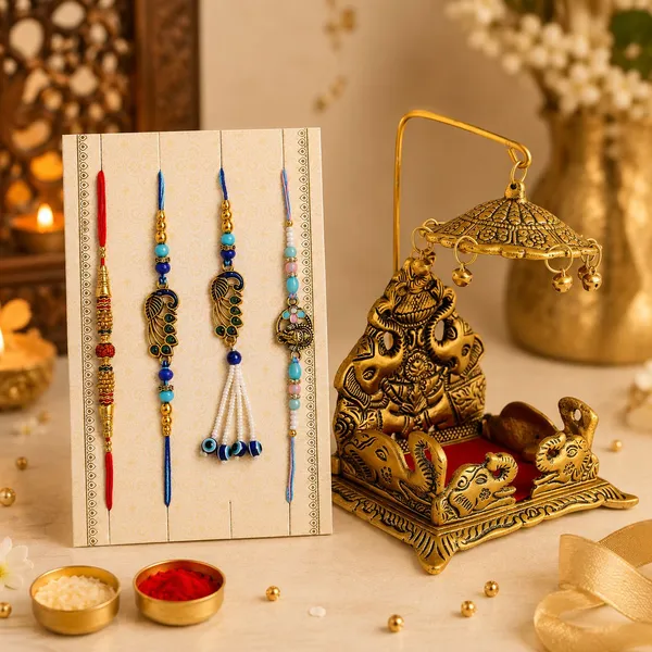 Chhariya_Crafts_Bhaiya_Bhabhi_Bhaiya_Bhabhi_Rakhi_Combo_Gift_Set_Assorted,_Gold_Finish,_Jute,_Pearl,_Plastic_(PVC),_Zardosi_Rakhi,_Showpiece,_Lumba,_Chawal_Roli_Pack__Set_(1_Metal_Singhasan_Showpieces,_1_Chawal_Roli_Pack,_1_Designer_Lumba,_3_Designer_Rakhi)