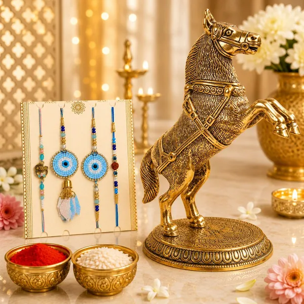 Chhariya_Crafts_Bhaiya_Bhabhi_Bhaiya_Bhabhi_Rakhi_Combo_Gift_Set_Assorted,_Gold_Finish,_Jute,_Pearl,_Plastic_(PVC),_Zardosi_Rakhi,_Showpiece,_Lumba,_Chawal_Roli_Pack__Set_(1_Metal_Horse_Showpieces,_1_Chawal_Roli_Pack,_1_Designer_Lumba,_3_Designer_Rakhi)