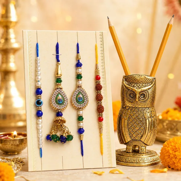 Chhariya_Crafts_Bhaiya_Bhabhi_Bhaiya_Bhabhi_Rakhi_Combo_Gift_Set_Assorted,_Gold_Finish,_Jute,_Pearl,_Plastic_(PVC),_Zardosi_Rakhi,_Showpiece,_Lumba,_Chawal_Roli_Pack__Set_(1_Metal_Owl_Penstand_Showpiece,_1_Chawal_Roli_Pack,_1_Designer_Lumba,_3_Designer_Rakhi)