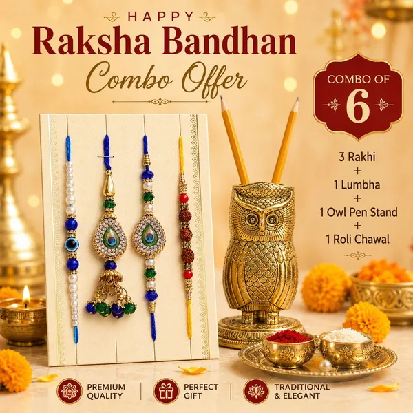 Chhariya_Crafts_Bhaiya_Bhabhi_Bhaiya_Bhabhi_Rakhi_Combo_Gift_Set_Assorted,_Gold_Finish,_Jute,_Pearl,_Plastic_(PVC),_Zardosi_Rakhi,_Showpiece,_Lumba,_Chawal_Roli_Pack__Set_(1_Metal_Owl_Penstand_Showpiece,_1_Chawal_Roli_Pack,_1_Designer_Lumba,_3_Designer_Rakhi)