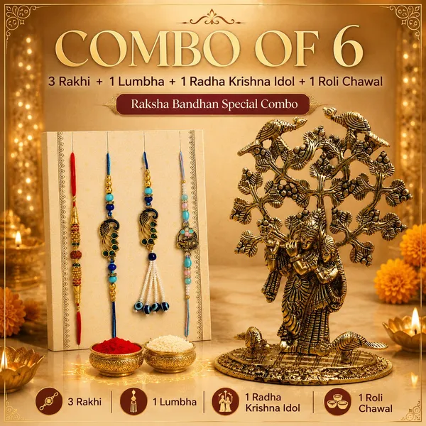 Chhariya_Crafts_Bhaiya_Bhabhi_Bhaiya_Bhabhi_Rakhi_Combo_Gift_Set_Gold_Finish,_Jute,_Pearl,_Plastic_(PVC),_Zardosi_Rakhi,_Showpiece,_Lumba,_Chawal_Roli_Pack__Set_(1_Radha_Krishna_Showpieces,_1_Chawal_Roli_Pack,_1_Designer_Lumba,_3_Designer_Rakhi)