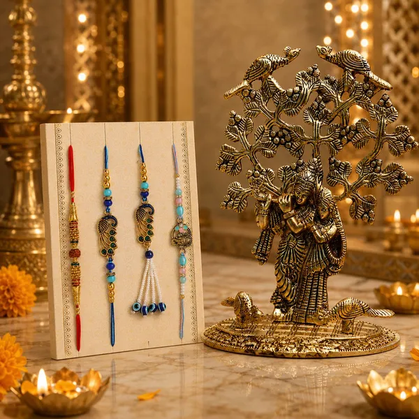 Chhariya_Crafts_Bhaiya_Bhabhi_Bhaiya_Bhabhi_Rakhi_Combo_Gift_Set_Gold_Finish,_Jute,_Pearl,_Plastic_(PVC),_Zardosi_Rakhi,_Showpiece,_Lumba,_Chawal_Roli_Pack__Set_(1_Radha_Krishna_Showpieces,_1_Chawal_Roli_Pack,_1_Designer_Lumba,_3_Designer_Rakhi)
