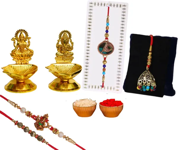 Chhariya_Crafts_Bhaiya_Bhabhi_Bhaiya_Bhabhi_Rakhi_Combo_Gift_Set_Assorted,_Gold_Finish,_Jute,_Pearl,_Plastic_(PVC),_Zardosi_Rakhi,_Showpiece,_Lumba,_Chawal_Roli_Pack__Set_(2_Metal_Diya_Showpieces,_1_Chawal_Roli_Pack,_1_Designer_Lumba,_3_Designer_Rakhi)