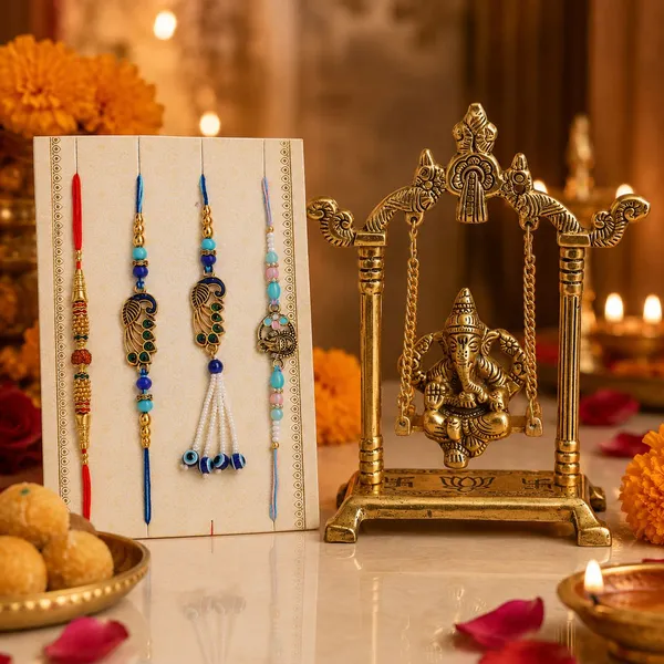 Chhariya_Crafts_Bhaiya_Bhabhi_Bhaiya_Bhabhi_Rakhi_Combo_Gift_Set_Assorted,_Gold_Finish,_Jute,_Pearl,_Plastic_(PVC),_Zardosi_Rakhi,_Showpiece,_Lumba,_Chawal_Roli_Pack__Set_(1_Metal_Ganesh_Jhula_Showpiece,_1_Chawal_Roli_Pack,_1_Designer_Lumba,_3_Designer_Rakhi)