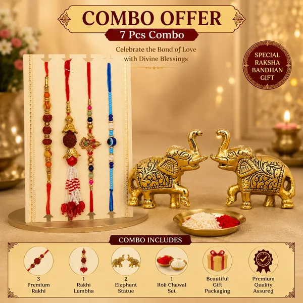 Chhariya_Crafts_Bhaiya_Bhabhi_Bhaiya_Bhabhi_Rakhi_Combo_Gift_Set_Assorted,_Gold_Finish,_Jute,_Pearl,_Plastic_(PVC),_Zardosi_Rakhi,_Showpiece,_Lumba,_Chawal_Roli_Pack__Set_(2_Metal_Elephant_Showpiece,_1_Chawal_Roli_Pack,_1_Designer_Lumba,_3_Designer_Rakhi)