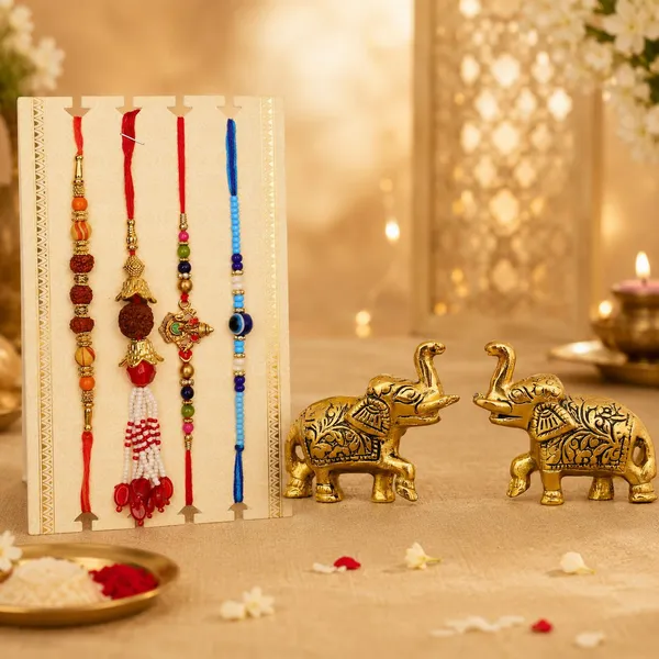 Chhariya_Crafts_Bhaiya_Bhabhi_Bhaiya_Bhabhi_Rakhi_Combo_Gift_Set_Assorted,_Gold_Finish,_Jute,_Pearl,_Plastic_(PVC),_Zardosi_Rakhi,_Showpiece,_Lumba,_Chawal_Roli_Pack__Set_(2_Metal_Elephant_Showpiece,_1_Chawal_Roli_Pack,_1_Designer_Lumba,_3_Designer_Rakhi)