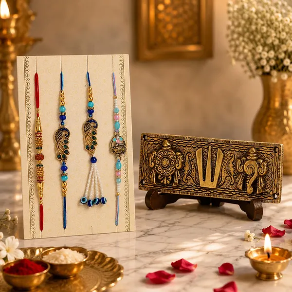 Chhariya_Crafts_Bhaiya_Bhabhi_Bhaiya_Bhabhi_Rakhi_Combo_Gift_Set_Gold_Finish,_Jute,_Plastic_(PVC),_Zardosi_Rakhi,_Showpiece,_Lumba,_Chawal_Roli_Pack__Set_(1_Metal_Tirupati_Balaji_Idol,_1_Chawal_Roli_Pack,_1_Designer_Lumba,_3_Designer_Rakhi)