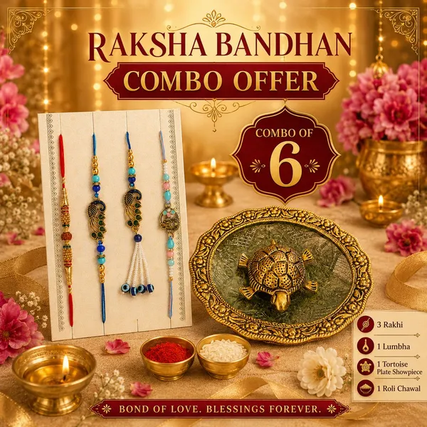 Chhariya_Crafts_Bhaiya_Bhabhi_Bhaiya_Bhabhi_Rakhi_Combo_Gift_Set_Assorted,_Gold_Finish,_Jute,_Pearl,_Plastic_(PVC),_Zardosi_Rakhi,_Showpiece,_Lumba,_Chawal_Roli_Pack__Set_(1_Tortoise_Plate_Showpieces,_1_Chawal_Roli_Pack,_1_Designer_Lumba,_3_Designer_Rakhi)