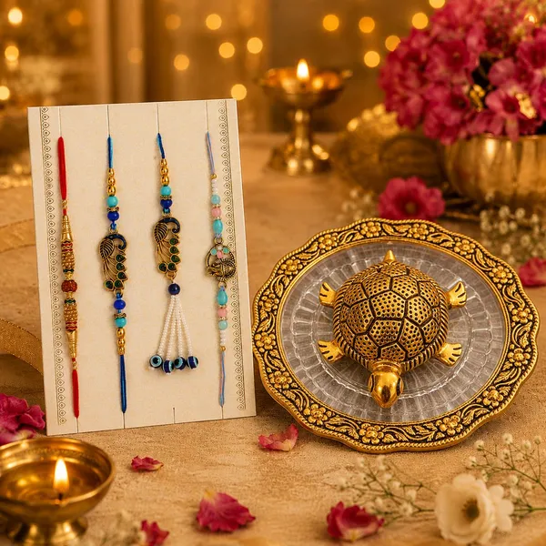 Chhariya_Crafts_Bhaiya_Bhabhi_Bhaiya_Bhabhi_Rakhi_Combo_Gift_Set_Assorted,_Gold_Finish,_Jute,_Pearl,_Plastic_(PVC),_Zardosi_Rakhi,_Showpiece,_Lumba,_Chawal_Roli_Pack__Set_(1_Tortoise_Plate_Showpieces,_1_Chawal_Roli_Pack,_1_Designer_Lumba,_3_Designer_Rakhi)