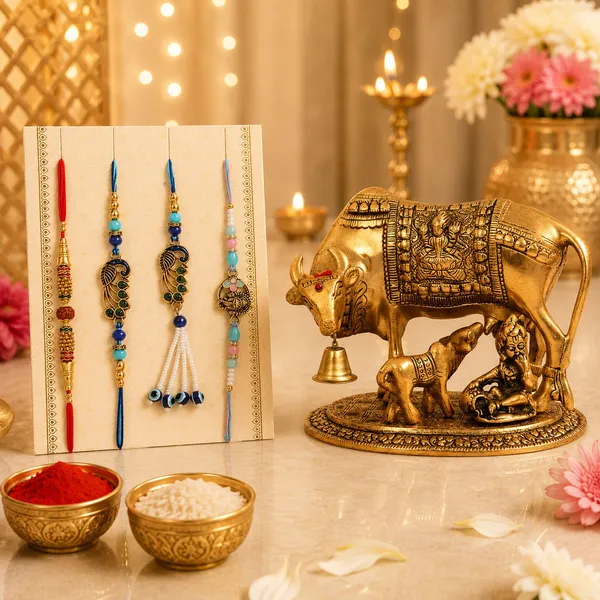 Chhariya_Crafts_Bhaiya_Bhabhi_Bhaiya_Bhabhi_Rakhi_Combo_Gift_Set_Assorted,_Gold_Finish,_Jute,_Pearl,_Plastic_(PVC),_Zardosi_Rakhi,_Showpiece,_Lumba,_Chawal_Roli_Pack__Set_(1_Metal_Kamdhenu_Cow_Showpiece,_1_Chawal_Roli_Pack,_1_Designer_Lumba,_3_Designer_Rakhi)